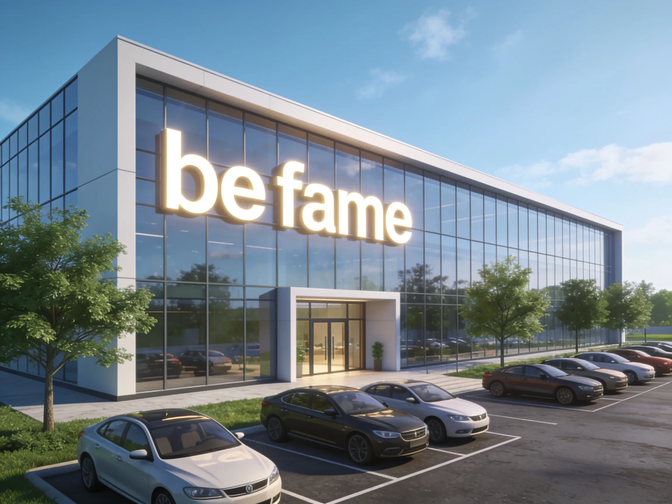 Firmengebaeude von be fame mit Logo-Schild
