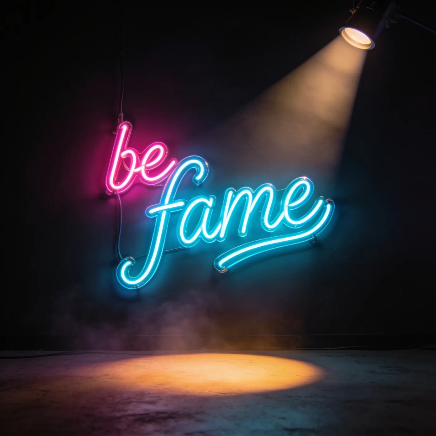 be fame Neon-Schriftzug, Markenzeichen der Creator-Agentur